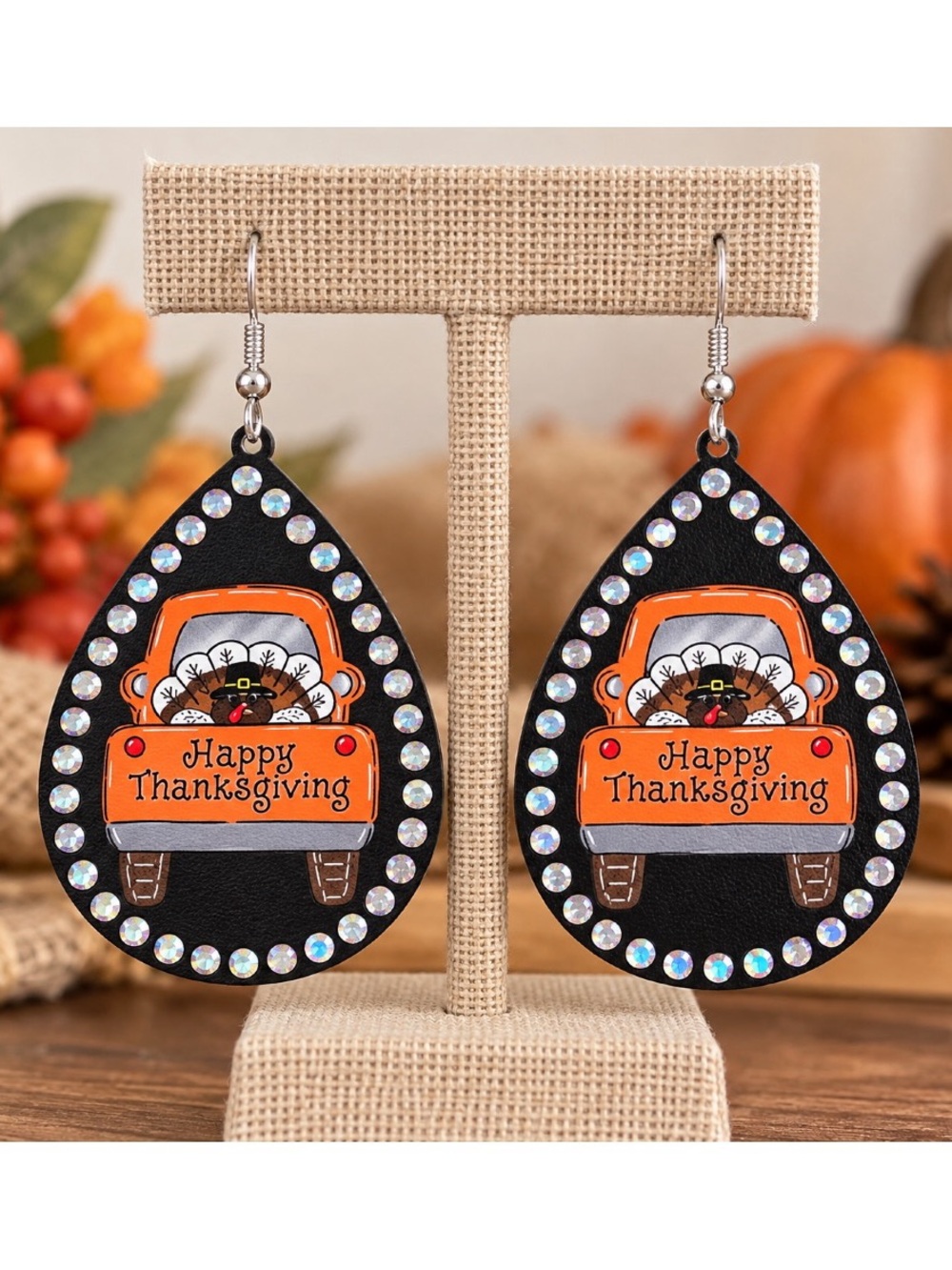 Festive Thanksgiving turkey dangle earrings featuring adorable turkeys